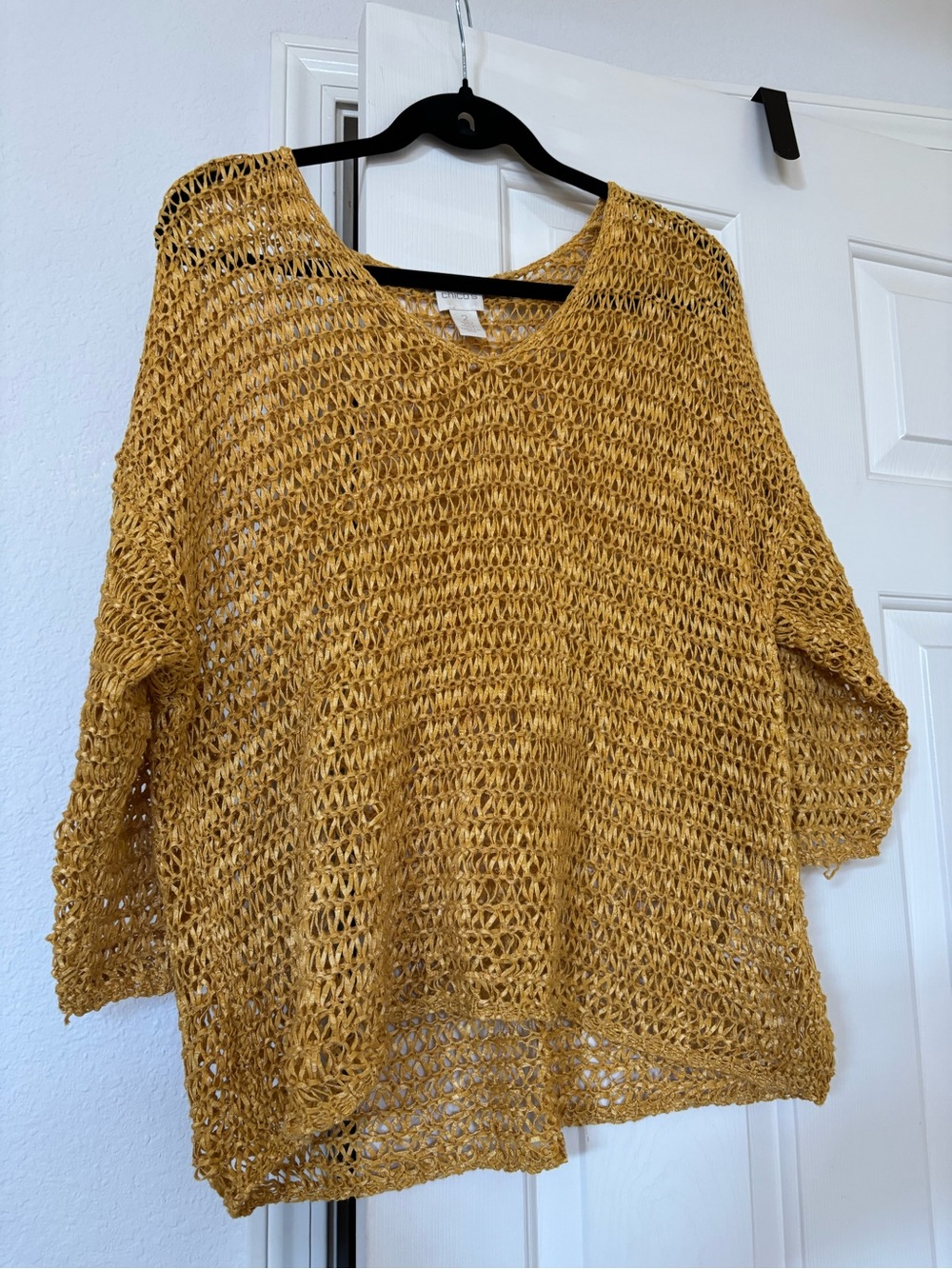 Chico's Open-Knit Scoop Neck Sweater in Mustard Gold